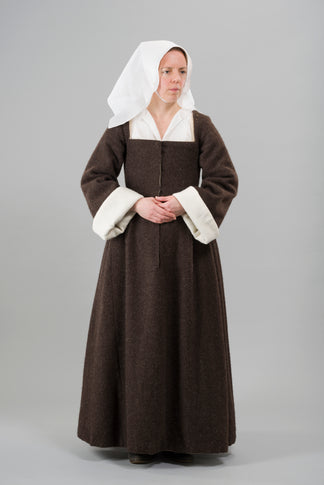 Finished garment - Tawny wool high bodied round gown as featured in The Typical Tudor