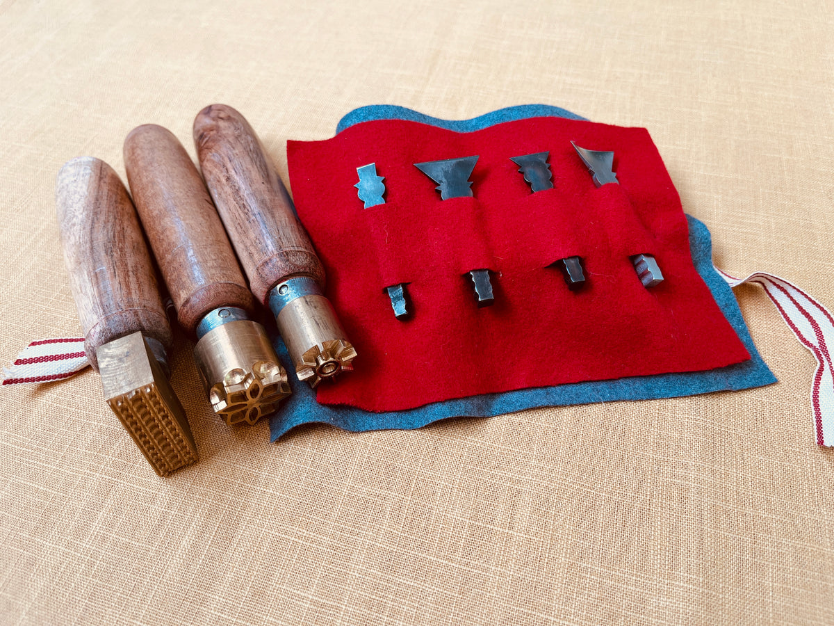 Combined offer: Printing (or stamping) tool set for Tudor style 16th century textile embossing PLUS Pinking (or slashing) and buttonhole tool set for Tudor style 16th century fabric cutting