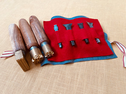 Combined offer: Printing (or stamping) tool set for Tudor style 16th century textile embossing PLUS Pinking (or slashing) and buttonhole tool set for Tudor style 16th century fabric cutting