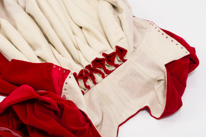 Finished costume - Crimson velvet gown, silver silk damask kirtle with jewelled neckline and matching sleeves (Copy)