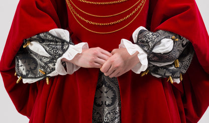 Finished costume - Crimson velvet gown, silver silk damask kirtle with jewelled neckline and matching sleeves (Copy)