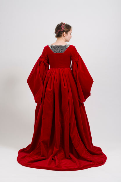 Finished costume - Crimson velvet gown, silver silk damask kirtle with jewelled neckline and matching sleeves (Copy)