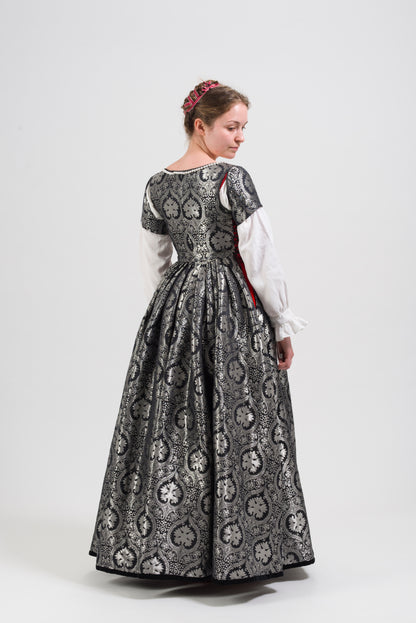Finished costume - Crimson velvet gown, silver silk damask kirtle with jewelled neckline and matching sleeves (Copy)