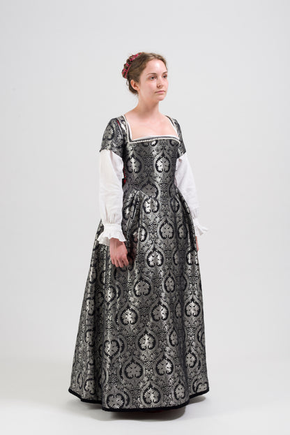 Finished costume - Crimson velvet gown, silver silk damask kirtle with jewelled neckline and matching sleeves (Copy)