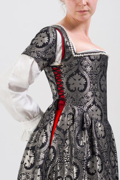 Finished costume - Crimson velvet gown, silver silk damask kirtle with jewelled neckline and matching sleeves (Copy)
