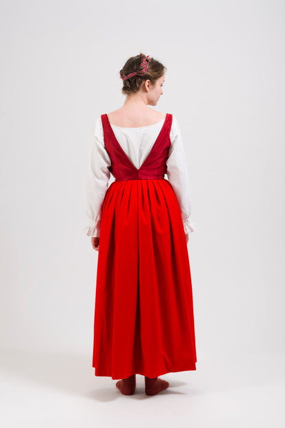 Finished costume - Crimson velvet gown, silver silk damask kirtle with jewelled neckline and matching sleeves (Copy)
