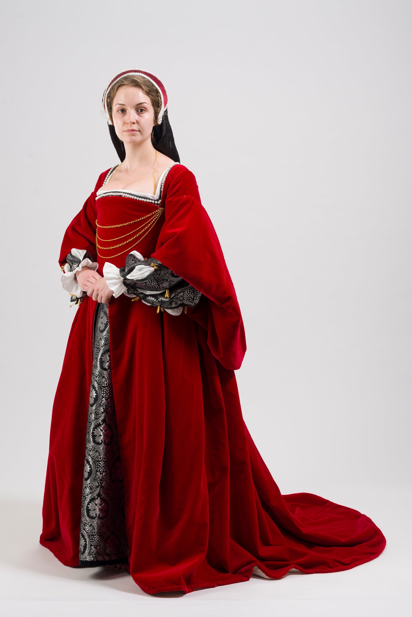 Finished costume - Crimson velvet gown, silver silk damask kirtle with jewelled neckline and matching sleeves (Copy)