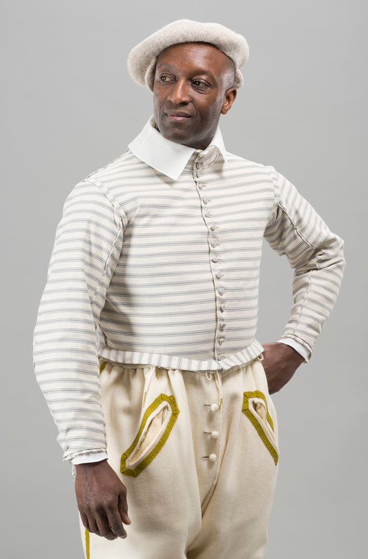Finished garment - Man's mid-century striped canvas doublet as featured in The Typical Tudor