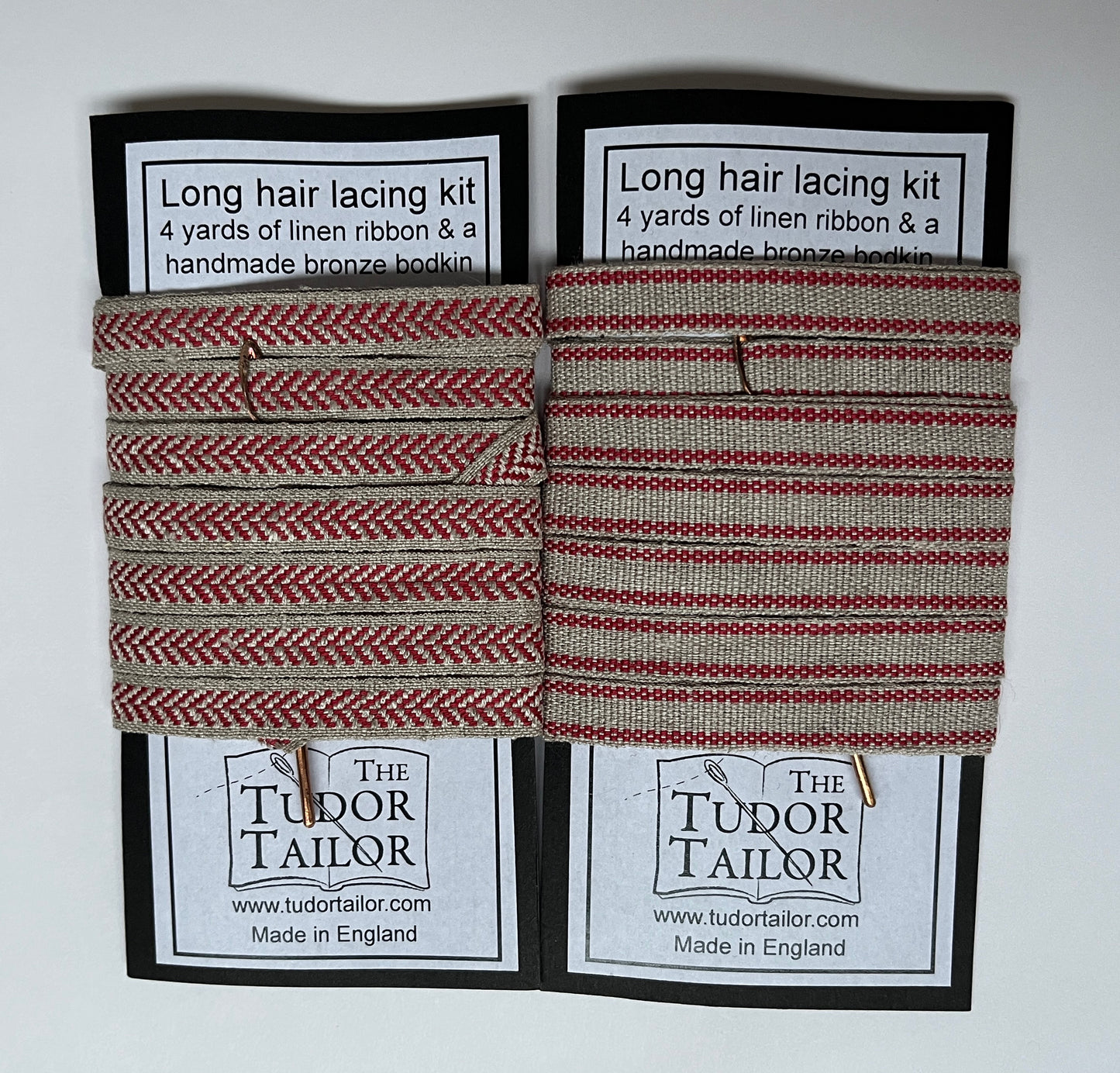 Hair lacing kit in various colours for Tudor or Elizabethan reenactment featuring bronze bodkin and linen ribbon