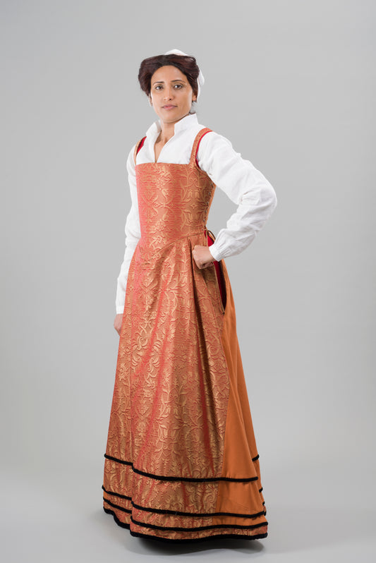 Finished garment - Tawny silk damask and worsted kirtle as featured in The Typical Tudor