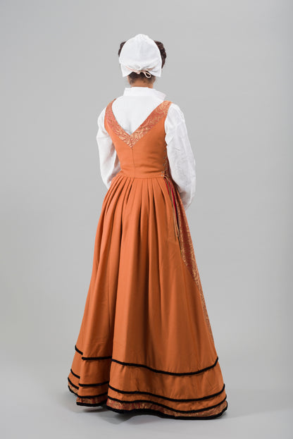 Finished garment - Tawny silk damask and worsted kirtle as featured in The Typical Tudor