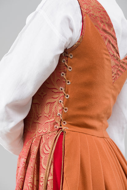 Finished garment - Tawny silk damask and worsted kirtle as featured in The Typical Tudor