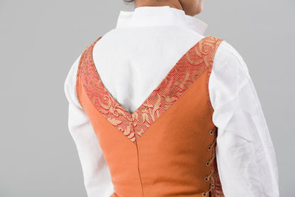 Finished garment - Tawny silk damask and worsted kirtle as featured in The Typical Tudor