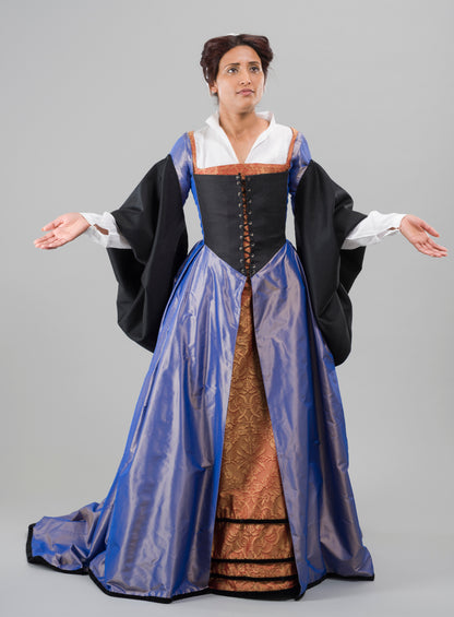 Finished garment - Violet 'changeable' silk taffeta French gown as featured in The Typical Tudor