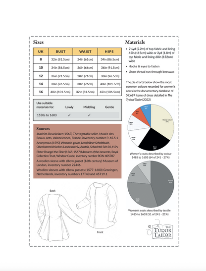 Pattern for Tudor woman's fitted coat with skirts