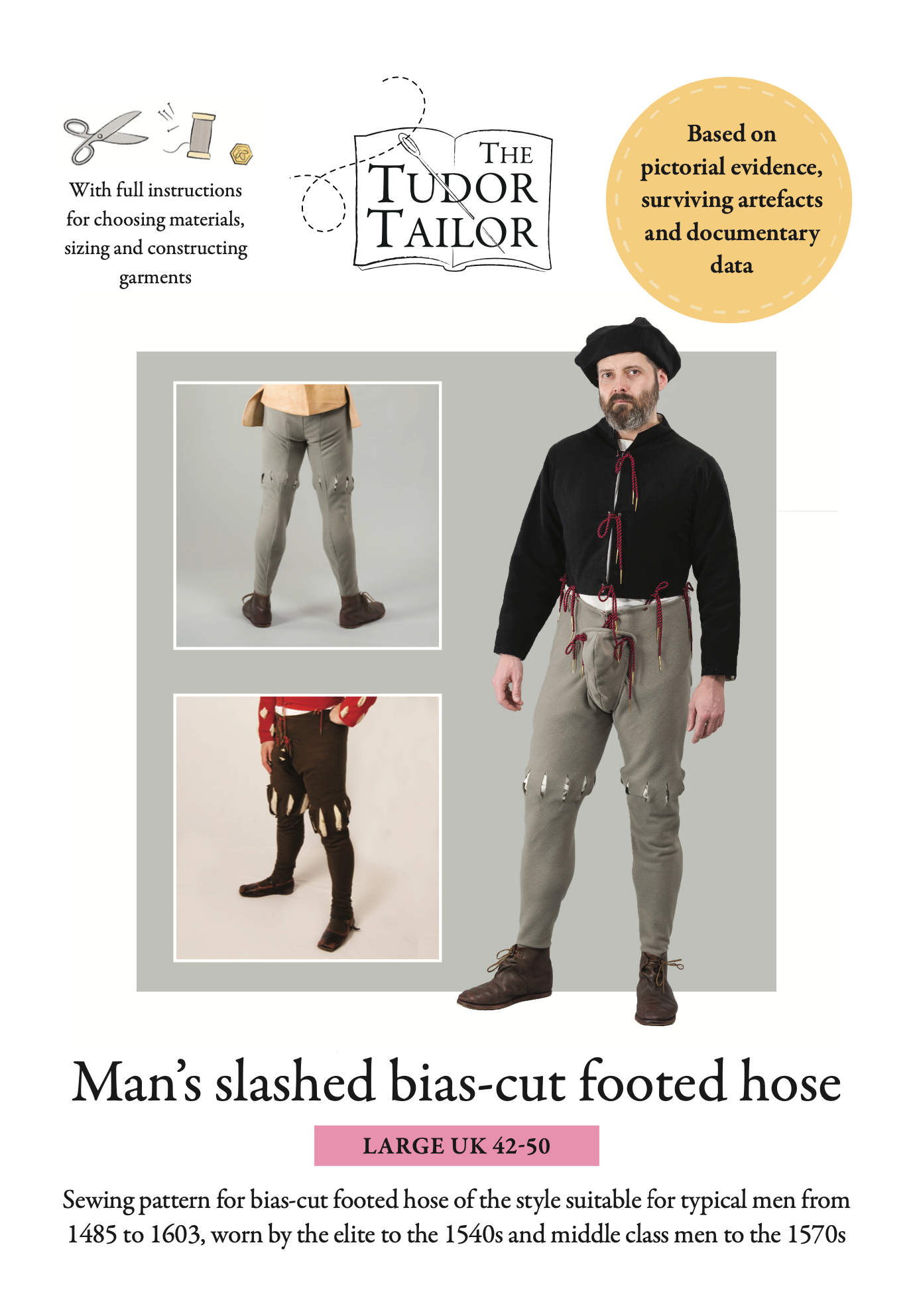 Pattern for Tudor man's slashed bias-cut footed hose