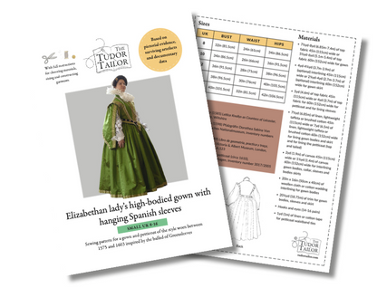 Pattern for Elizabethan Lady's high-bodied gown with hanging Spanish sleeves