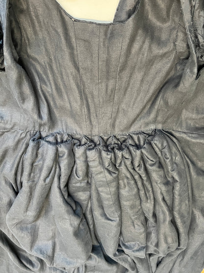 Finished costume - Silk damask gown, silk satin kirtle with jewelled neckline and strapwork sleeves