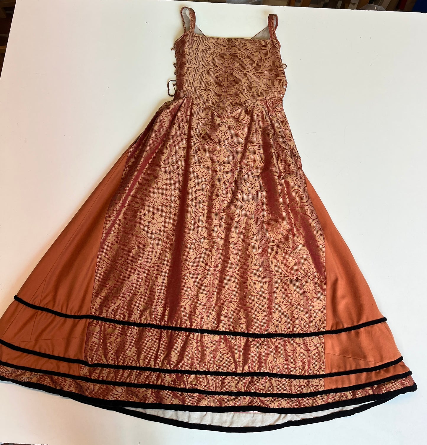 Finished garment - Tawny silk damask and worsted kirtle as featured in The Typical Tudor