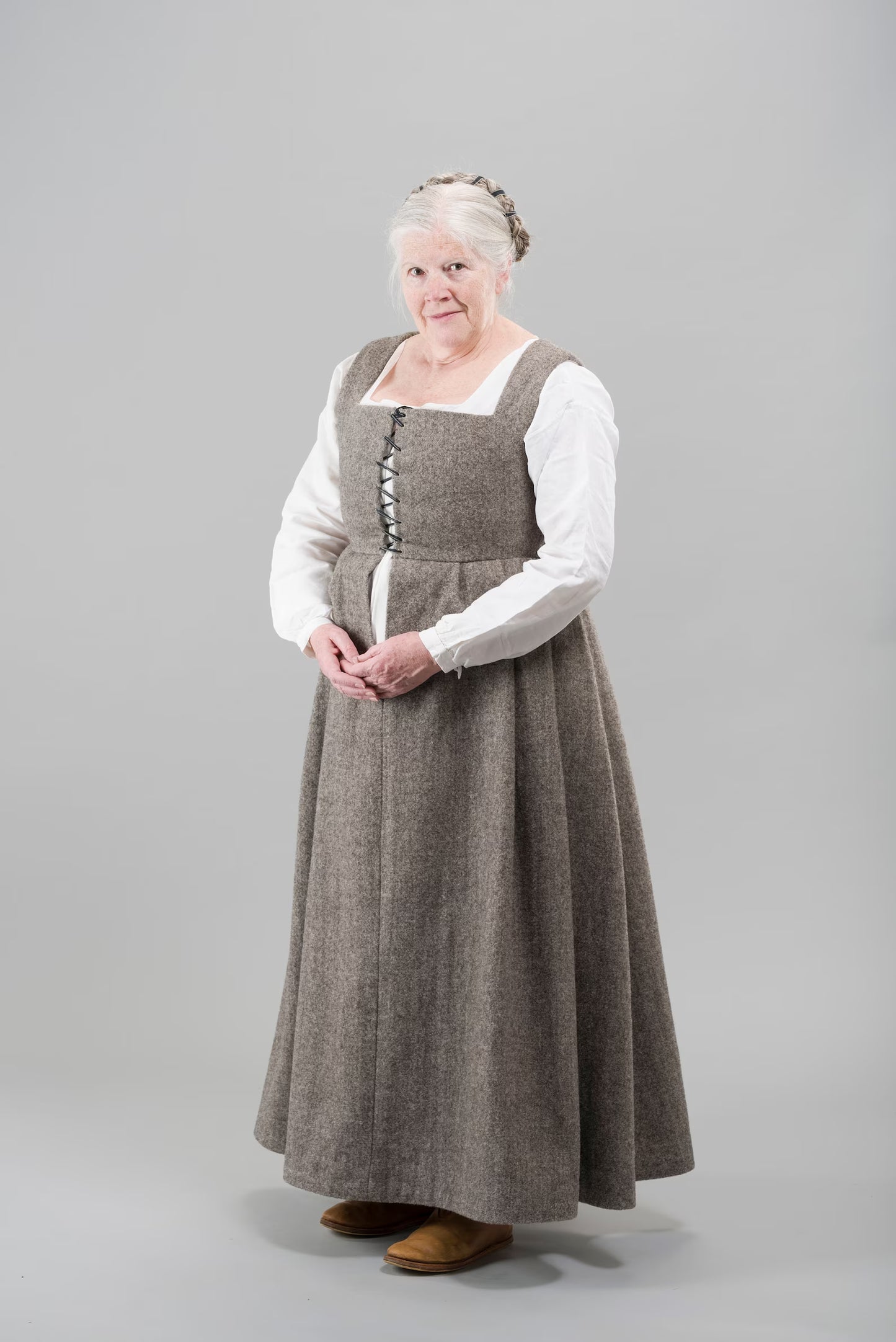 Finished garment - Tudor woman's grey russet kirtle and separate sleeves as featured in The Typical Tudor