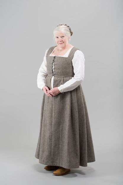 Finished garment - Tudor woman's grey russet kirtle and separate sleeves as featured in The Typical Tudor