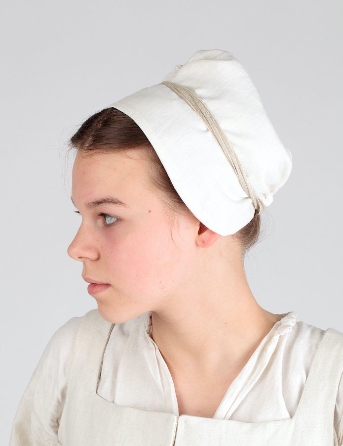 Hand-sewn Tudor or Elizabethan cap kercher or coif in linen or hemp